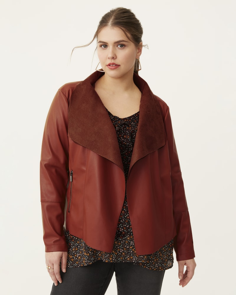 Front of a model wearing a size 1X Thalia Faux Leather Draped Jacket in Burgundy by Bagatelle. | dia_product_style_image_id:257861